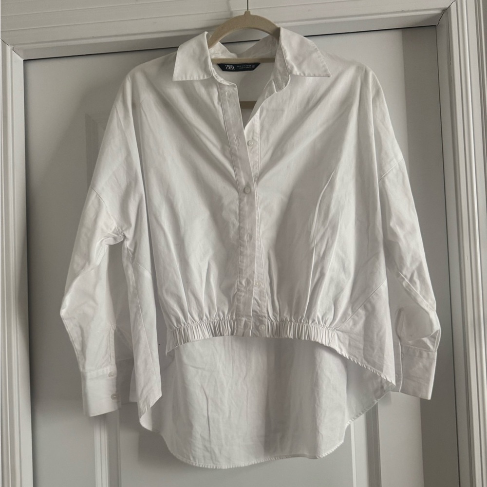 Zara White Cropped Button-Down Shirt
